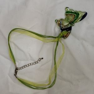 2" Used Glass butterfly Pendant necklace 12" choker (n7)
